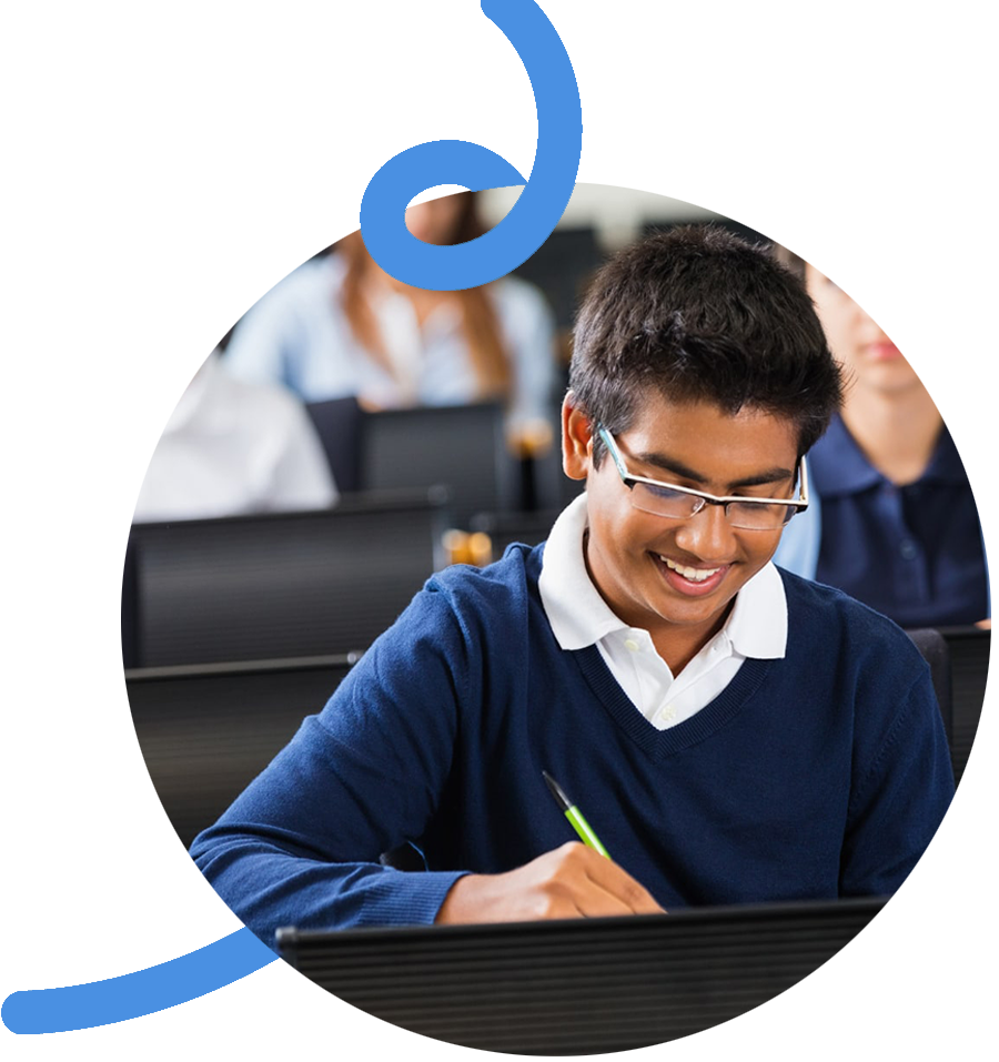 Teacher teaching students with tablet.